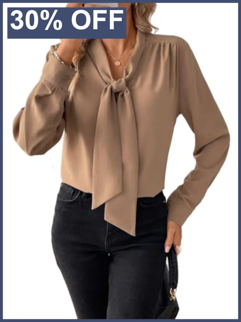 Women's Bow Tie Neck Blouse Long Sleeve Work Top Gathered Sleeve